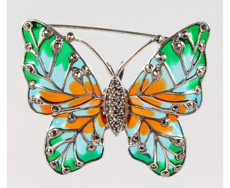 A LARGE SILVER, ENAMEL AND MARCASITE BUTTERFLY BROOCH.