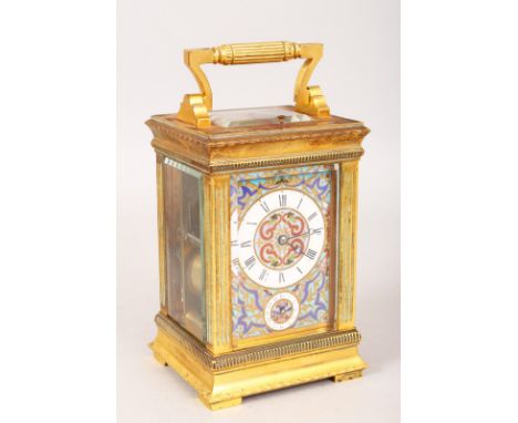 A SUPERB 19TH CENTURY FRENCH BRASS CARRIAGE CLOCK with repeat action and alarm, the front with good quality champleve enamel,