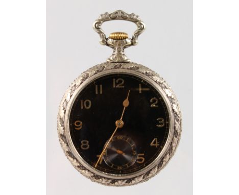 A SILVER AND BLACK ENAMEL BACKED POCKET WATCH, classical scene.