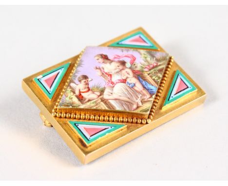 A SUPERB QUALITY SWISS GOLD AND ENAMEL BROOCH with classical figure.