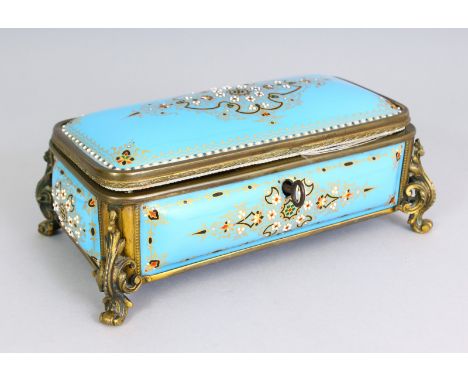 A GOOD 19TH CENTURY FRENCH ENAMEL AND BRASS JEWELLERY CASKET, with light blue domed enamel plaques with seed pearl decoration