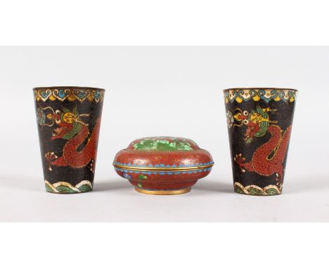 A PAIR OF CHINESE CLOISONNE ENAMEL BEAKER AND A BOWL & COVER (3).