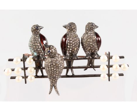A GOOD DIAMOND SET AND PEARL BROOCH, THREE BIRDS ON A FENCE.