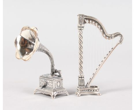 A MINIATURE SILVER HARP AND GRAMOPHONE (2).