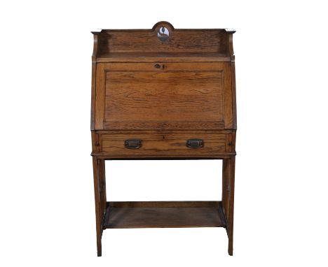 Oak bureau, the top with a three-quarter gallery, fall front enclosing a fitted interior with pigeon holes, frieze drawer, sq