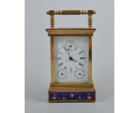 Cloisonne and brass carriage clock, calendar dial, 18cm.
