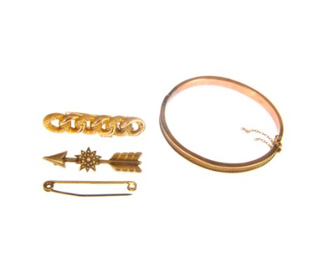 A collection of vintage jewellery, a 9 carat rose gold half hinged bangle, 6.4mm wide with milled pattern in recess to front,
