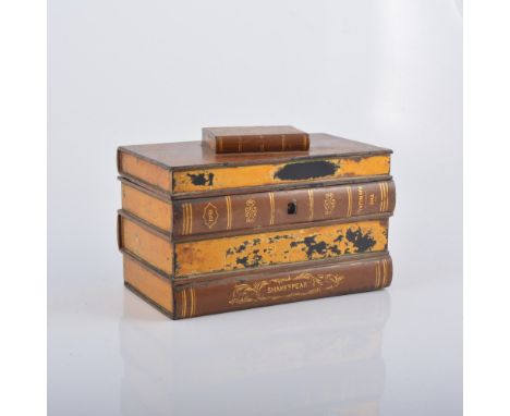 Victorian lacquered novelty tea caddy, designed as a five book stack, two-section interior, width 22cm.