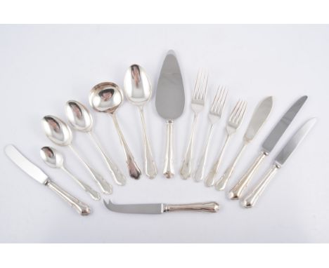 A canteen of silver cutlery, by Harrods, London 1990, Dubarry pattern, eight place settings, including table knives and forks