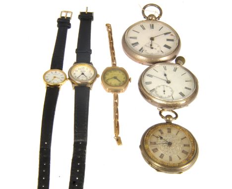 A collection of watches, three silver coloured open face pocket watches, a gold cased ladies Tissot wrist watch, strap model,