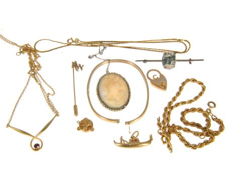 A collection of mixed jewellery to include 9 carat gold chains, bangle, charms etc some needing repairs, gross weight approxi