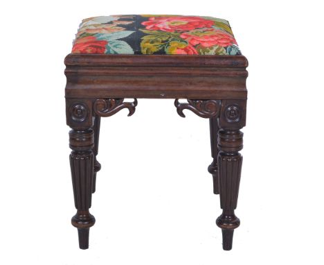 Early Victorian mahogany stool, square top with gros point upholstery, ringed and fluted legs, 41 x 41cm.