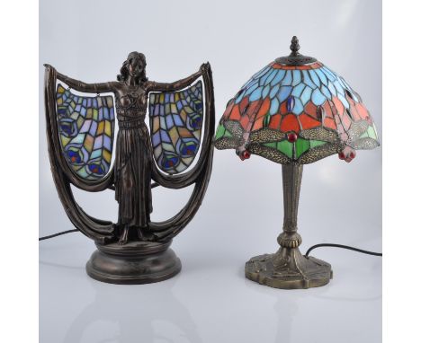 Tiffany style tablelamp, leaded shade, Dragonfly pattern base, height 47cm together with a Tiffany style table lamp, designed