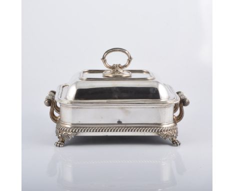 Regency style silver plated entree dish, rectangular form, raised on four feet, 31cm; a Victorian three piece silver plated t