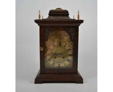 Reproduction stained wood bracket clock, arched brass dial, French cylinder movement, signed Enoch Freres, Paris, striking on