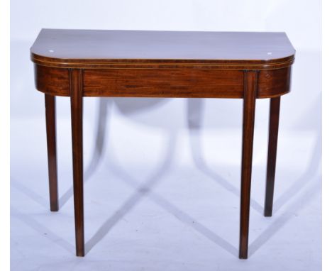 George III mahogany D-shape foldover card table, banded outlines, baize lined interior, W92cm