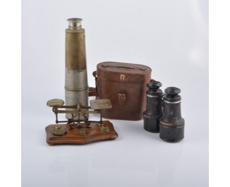 A set of brass postal scales with weights on a mahogany base, a Negretti & Zambra four drawer steel telescope, a cased set of