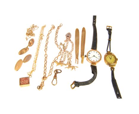 A collection of gold jewellery and wrist watches, a 9 carat yellow gold watch bracelet 8.5gms (scrap), two vintage ladies wri