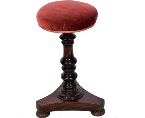Victorian rosewood mahogany adjustable piano stool, circular seat, triangular platform, diameter 28cm.