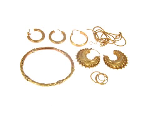 A collection of earrings, chains and a bangle, mostly damaged, gross weight approximately 20gms.