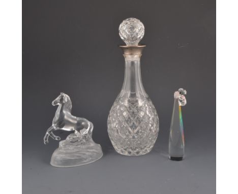Swarovski style crystal Koala, 16cm, a glass model of a horse, two decanters and a claret jug (5)