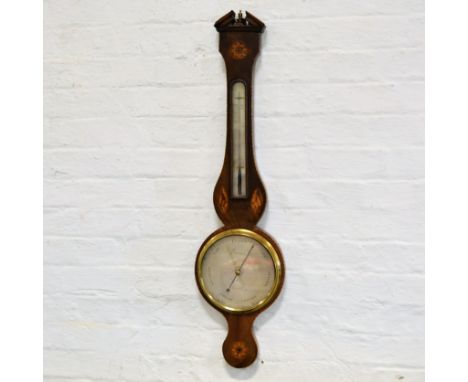 Late Georgian inlaid mahogany banjo barometer, silvered dial, thermometer above, signed F. Donegan Leicester, 98cm.