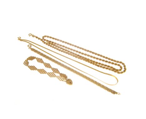 A collection of 9 carat yellow gold jewellery to include a 66cm long hollow rope link necklace, a fine flat link necklace 40c