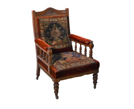 Victorian carved mahogany gentleman's chair, walnut frame, velour tapestry upholstered back, seat and arms.