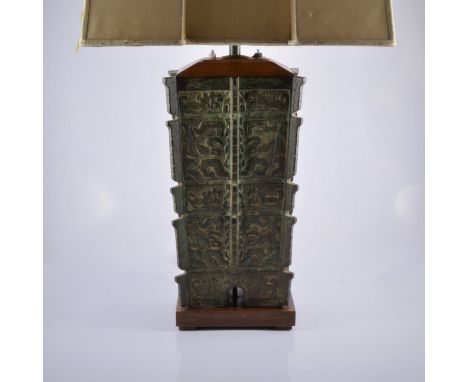 Chinese cast metal archaeic style vessel, tapering rectangular form, mounted as a lamp, with shade, 94cm as fitted.