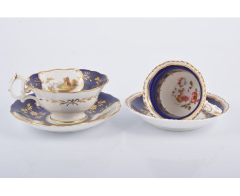 Worcester blue and gilt decorated tea bowl and saucer, circa 1780, wrythen moulded; two other late 18th Century tea bowls and