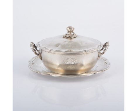A French silver sauce tureen, cover and stand, makers mark V**F, Minerva mark, lobed outlines, cast rose finials and twig han