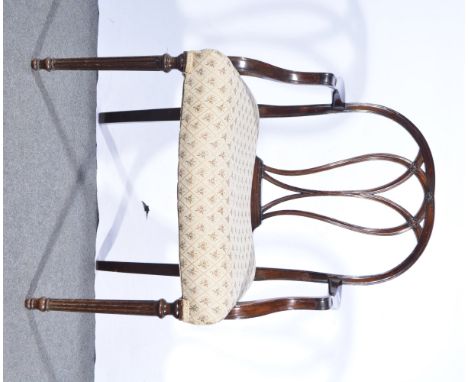 Edwardian mahogany elbow chair in the the George III style, double-hoop back, open arms, machine made tapestry style upholste