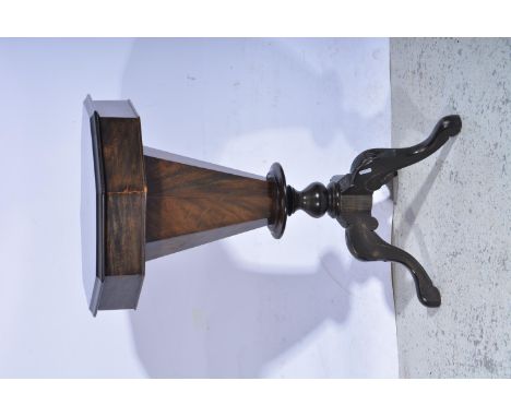 Victorian style walnut trumpet work table, octagonal hinged top, tapering box, turned column, carved tripod legs, width 42cm,