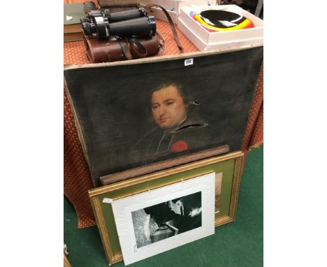 A 19th century unframed oil on canvas: Portrait of a Cardinal together with a framed and glazed watercolour: Cattle by River 