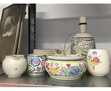 A Poole Pottery lamp base, shape 654A, decorated in the RE pattern "Grapes" together with five other various Poole Pottery wh