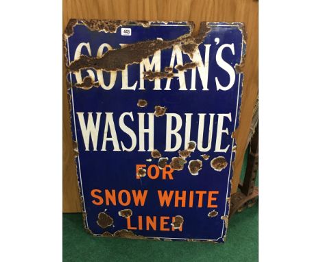 An early 20th century enamel metal advertising sign: Colman's Wash Blue For Snow White Linen.