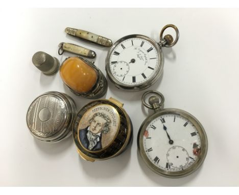 The Express English Lever silver cased pocket watch (af) together with a silver plate cased pocket watch (af), a silver circu