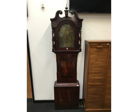A late 18th century flame mahogany longcase clock by Richard Wills, Truro 1780, brass chapter ring, brass spandrels, moonphas