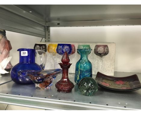 A set of six Bavarian cut glass hock glasses with colour bowls together with a Mdina glass flask (unsigned) and other glass i