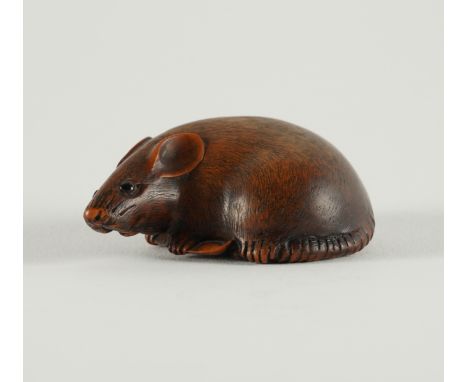 A JAPANESE WOOD NETSUKE OF A RAT SIGNED TOMOKAZU. GIFUEdo period, early 19th century carved clutching a soybean, finely detai