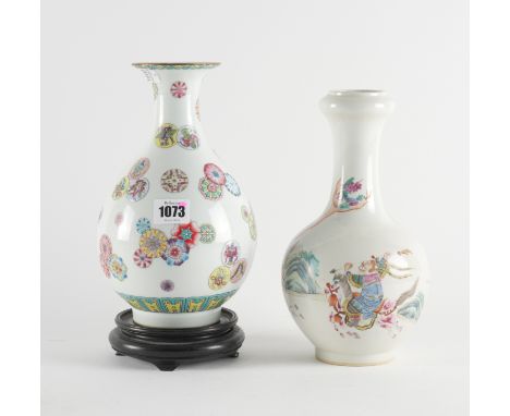 TWO CHINESE FAMILLE ROSE VASES (3)The first of pear form enamelled with scattered medallions, iron red four character mark re