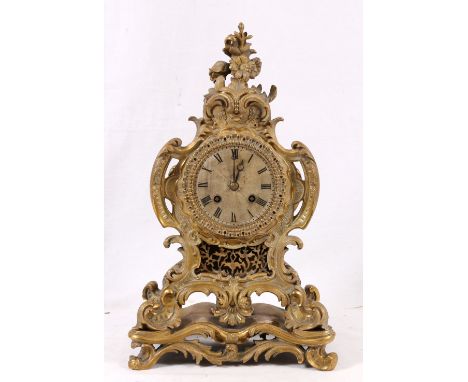 19th century French ormolu mantel clock, maker Pons of Paris, with rose crest above an engine turned silvered Roman dial, the
