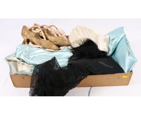 Group of vintage clothing including a ruff, a blue satin skirt and bodice, hats, lace, etc. and a pair of early 20th century 