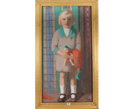 DAVID W GUNN (a.1927-1929)Portrait of a young girl with dollOil on canvas, signed and dated 192896cm x 50cm