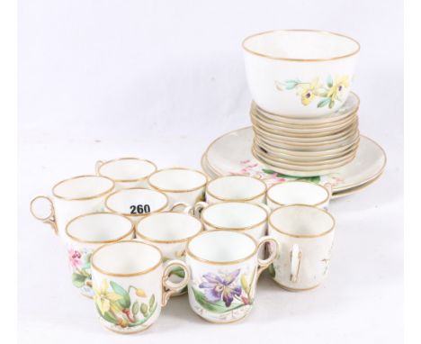 Set of twelve English tea cups, twelve saucers, two sandwich plates and a sugar bowl, each handpainted with botanical study. 