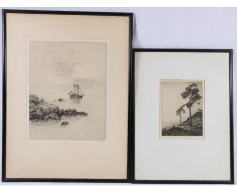 SYDNEY MACKENZIE LITTEN (1887-1934) Becalmed Signed, etching JOHN GEORGE MATHIESON Trees on a shore of a loch Pencil signed ,