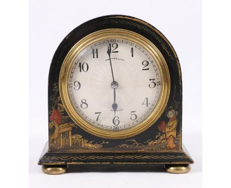 Hamilton & Inches gilt lacquer mantel clock, with engine turned silvered Arabic dial, 14cm.