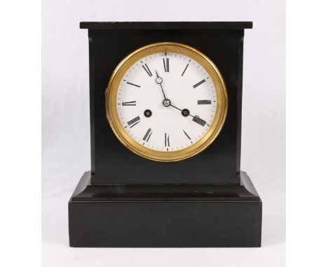 Victorian black slate mantel clock, with Roman enamel dial, Roblin cylinder movement striking on a bell, 28cm.