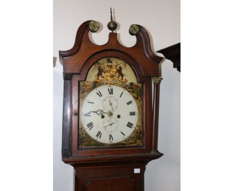 19th century oak armorial longcase clock, maker MacFarlane of Leith, the arched enamel Roman dial with coat-of-arms and motto