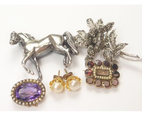 Victorian amethyst and pearl oval brooch in brooch and various other items.